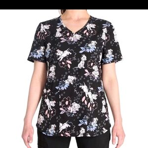 Disney Scrubs Top Black and Pink Dalmatian Floral Tee XXL